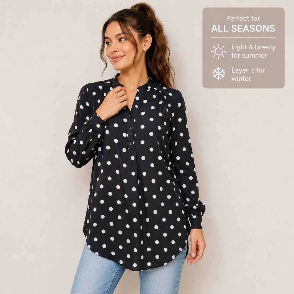 H&M Black White Polka Dot Tunic Dress Long Sleeve Band‎ Collar Viscose Small